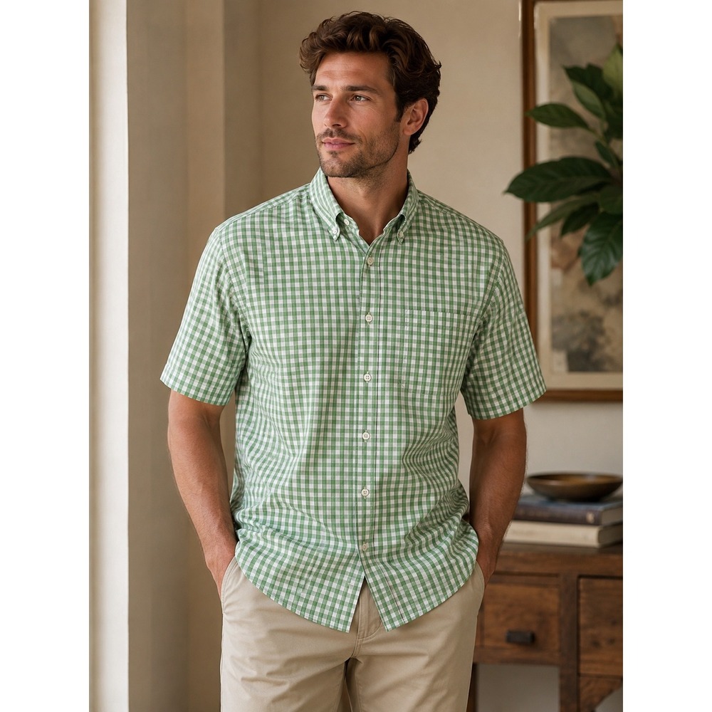 Saddlebred Mens Green White Gingham Short Sleeve Button Down Easy Care Shirt